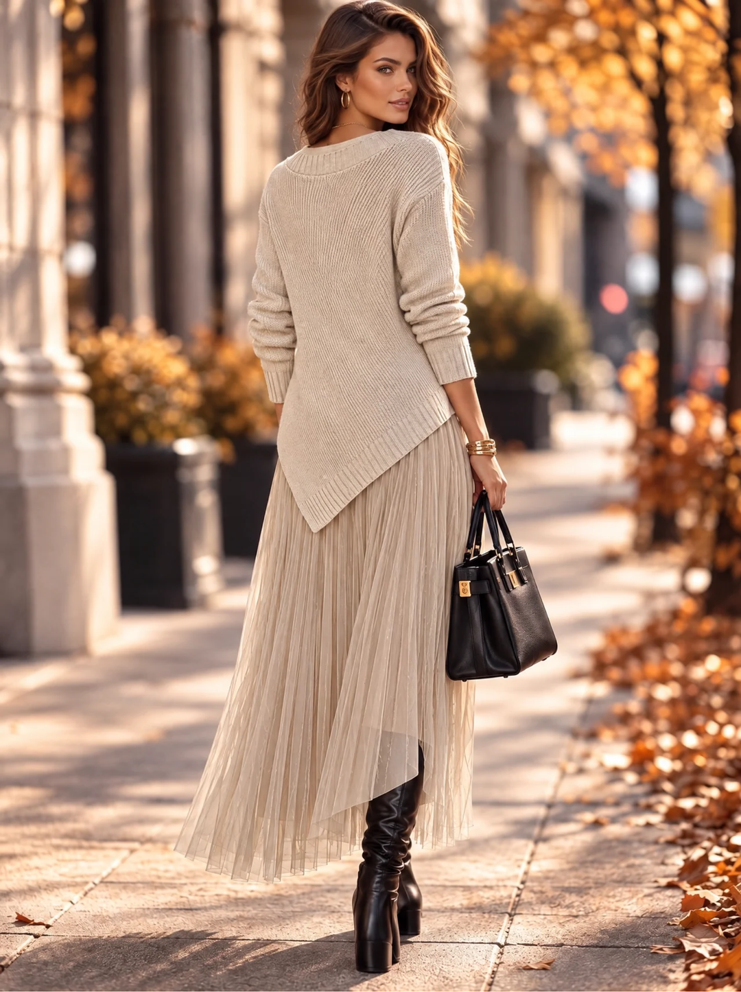 “SARAH” 2 Piece Asymmetric Jumper & Pleated Dress cream