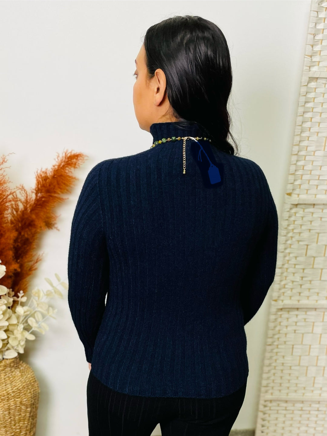 "JESSIE" Ribbed Polo Neck-Navy