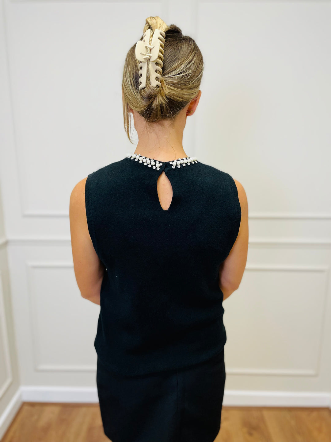 "SCARLET” Embellished Knit Top-Black