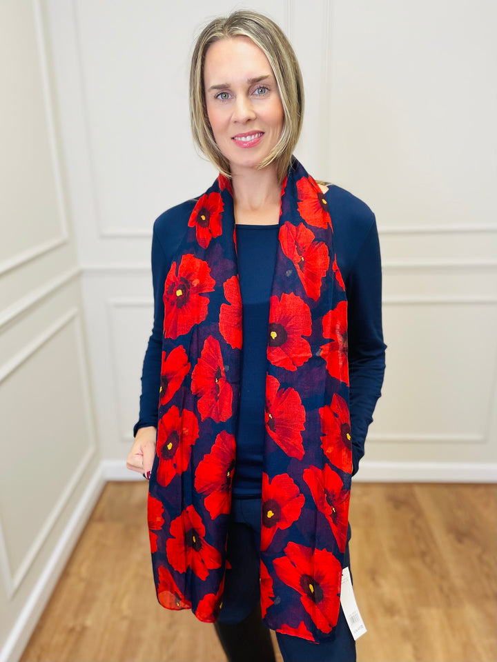 No.119 Poppy Print Scarf-Navy & Red