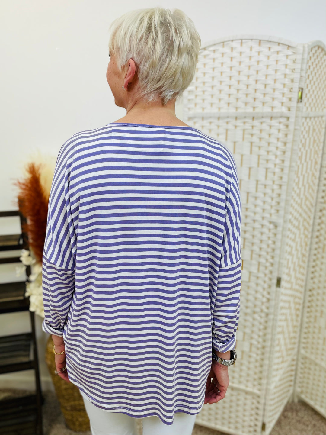 "AMELIA" Stripe Print Top-White & Lilac