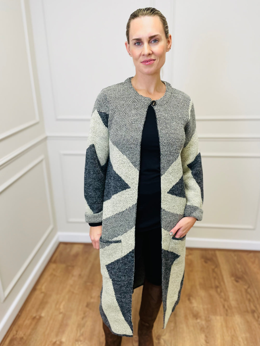 "NANCY" Longline Coatigan-Grey & Stone