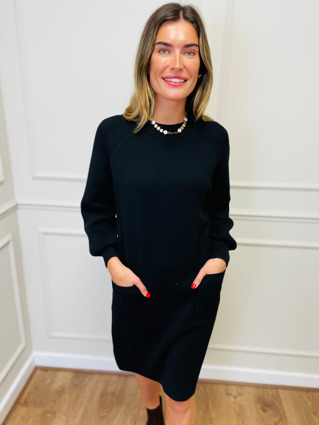 "TAYLOR" Pocket Knit Midi Dress-Black