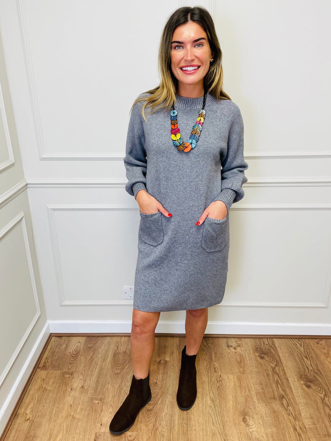 "TAYLOR" Pocket Knit Midi Dress-Silver