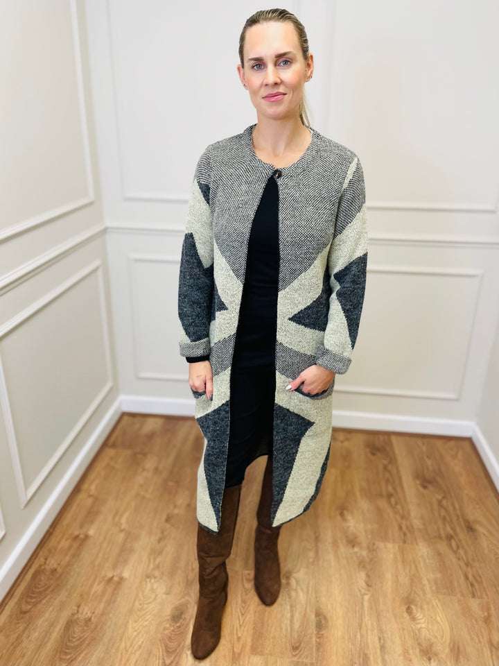 "NANCY" Longline Coatigan-Grey & Stone
