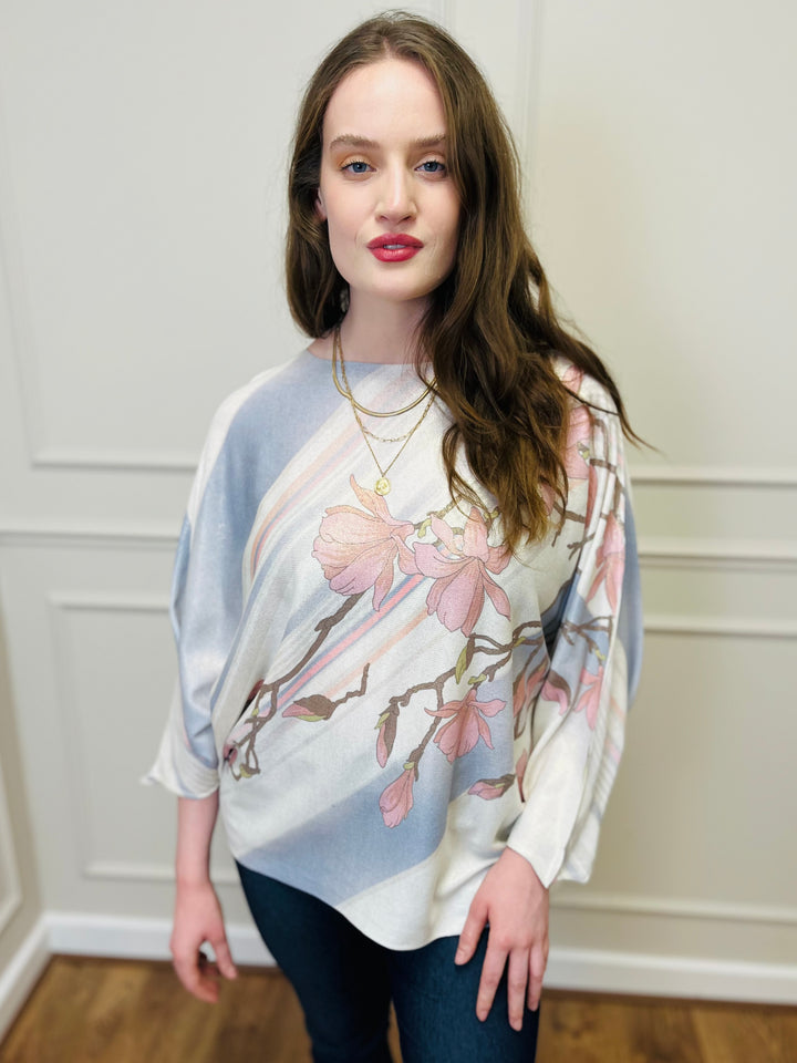 "SPRING" Floral Print Fine Knit-Cream & Blue