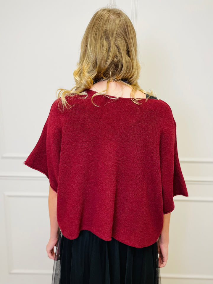 "ALICE” Short Sleeve Fine Knit-Burgundy