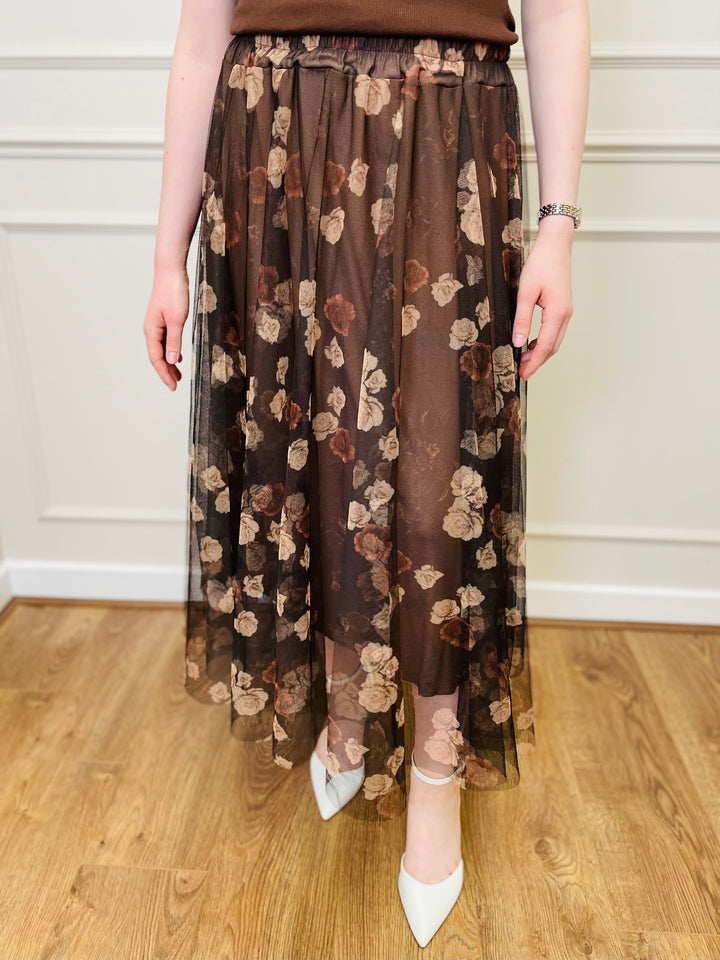 "IZZY" Floral Print Tulle Skirt-Black & Tan