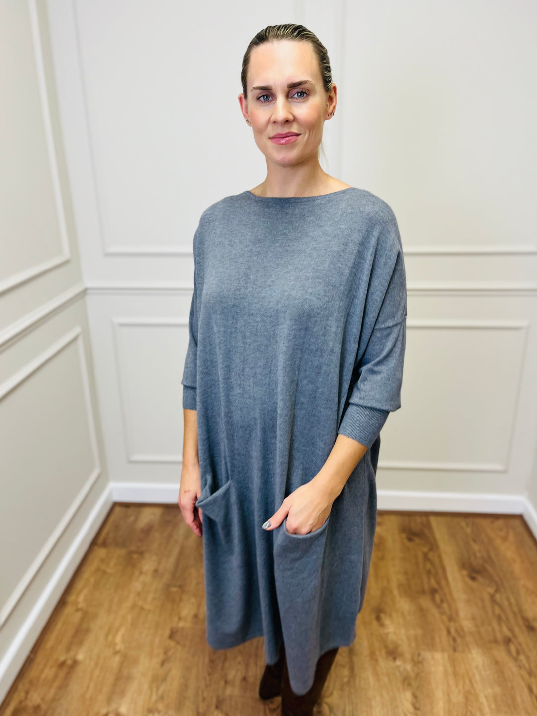 "RUBY" Fine Knit Dress-Grey