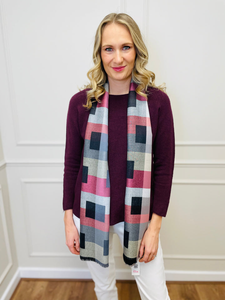 Block Print Scarf-Grey/Pink & Black