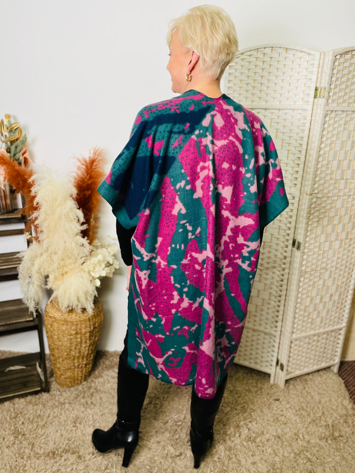 "TRIXIE" Artistic Print Kimono-Teal & Pink