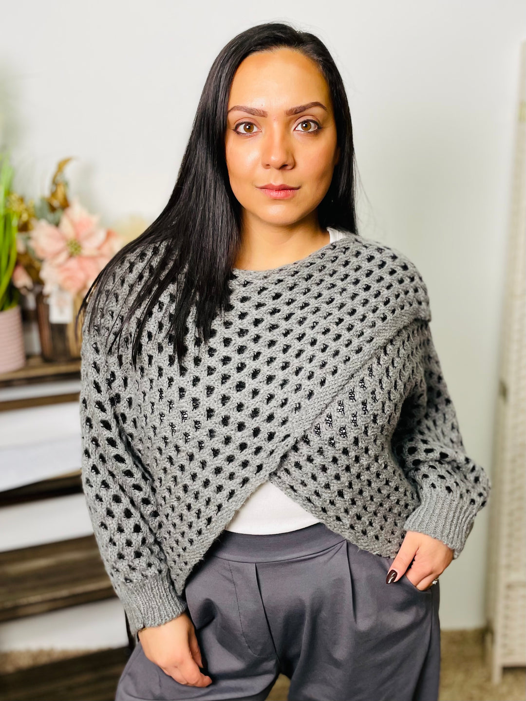 “DANIELA" Crossover Fine Knit Jumper-Grey