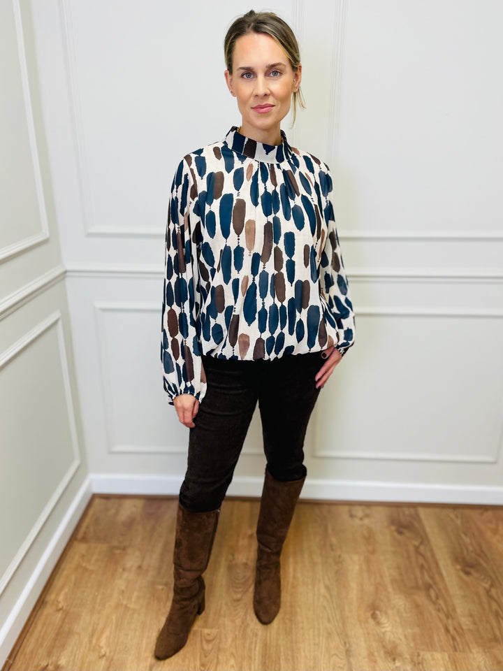 "TERESA" Abstract Print Blouse-Cream & Navy
