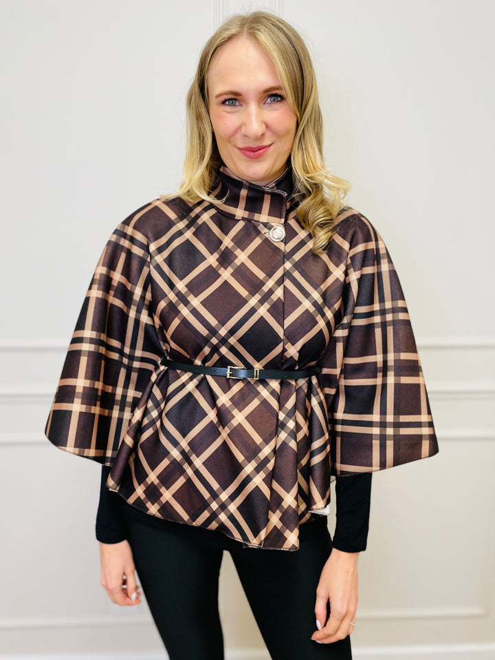 "LORELAI" Check Print Cape Coat-Brown & Tan