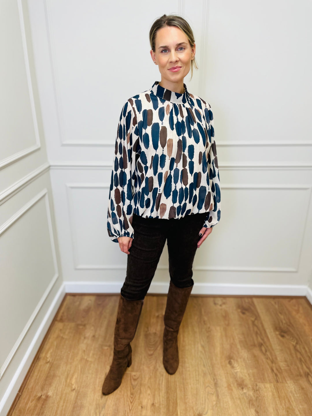 "TERESA" Abstract Print Blouse-Cream & Navy