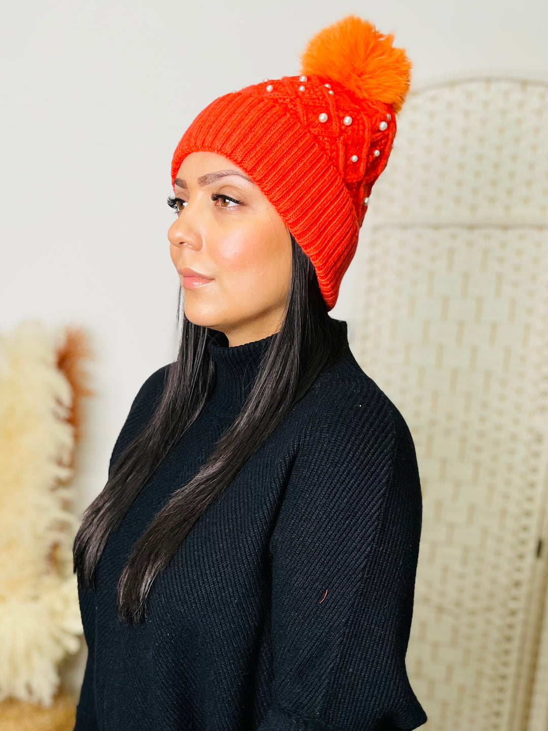 Pearl & Faux Fur Pom Hat-Orange