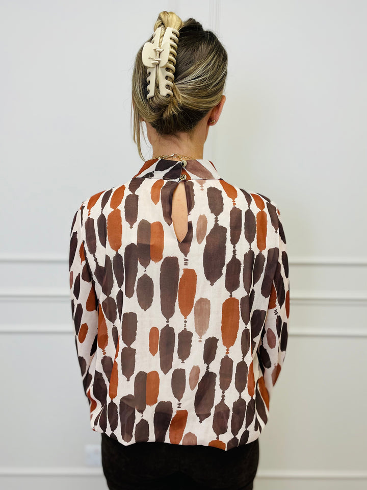 "TERESA" Abstract Print Blouse-Cream & Cinnamon