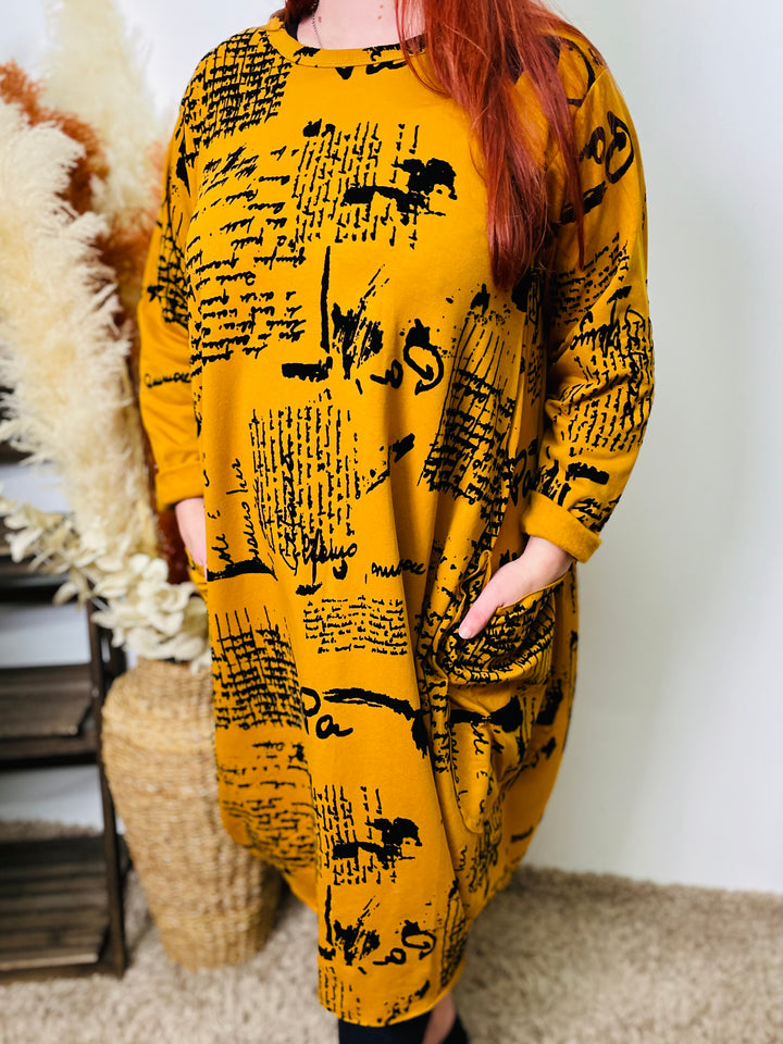 "RUTH" Artistic Print Tunic/Dress-Mustard