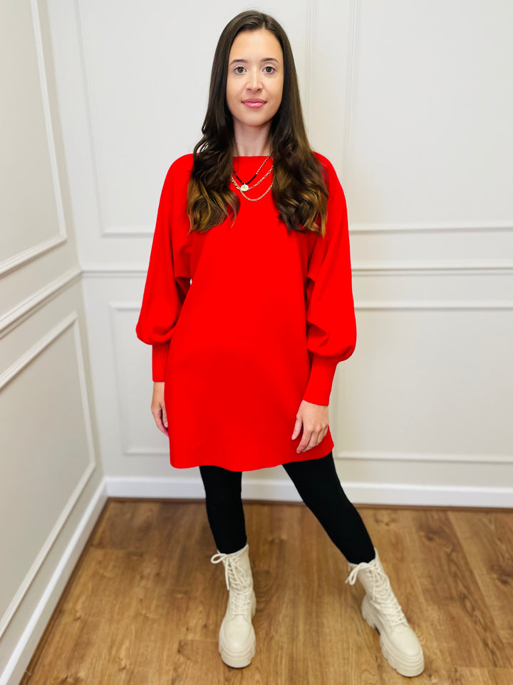 "EVELYN" Button Back Dress-Red