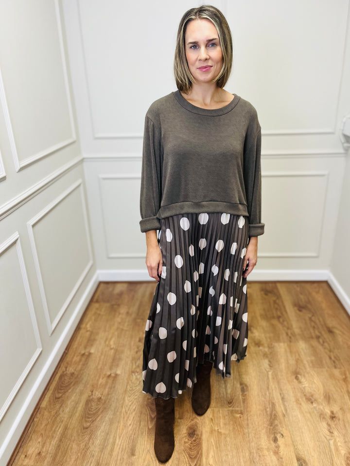 "DOTTY" Polka Dot Pleated Dress-Mocha & Cream