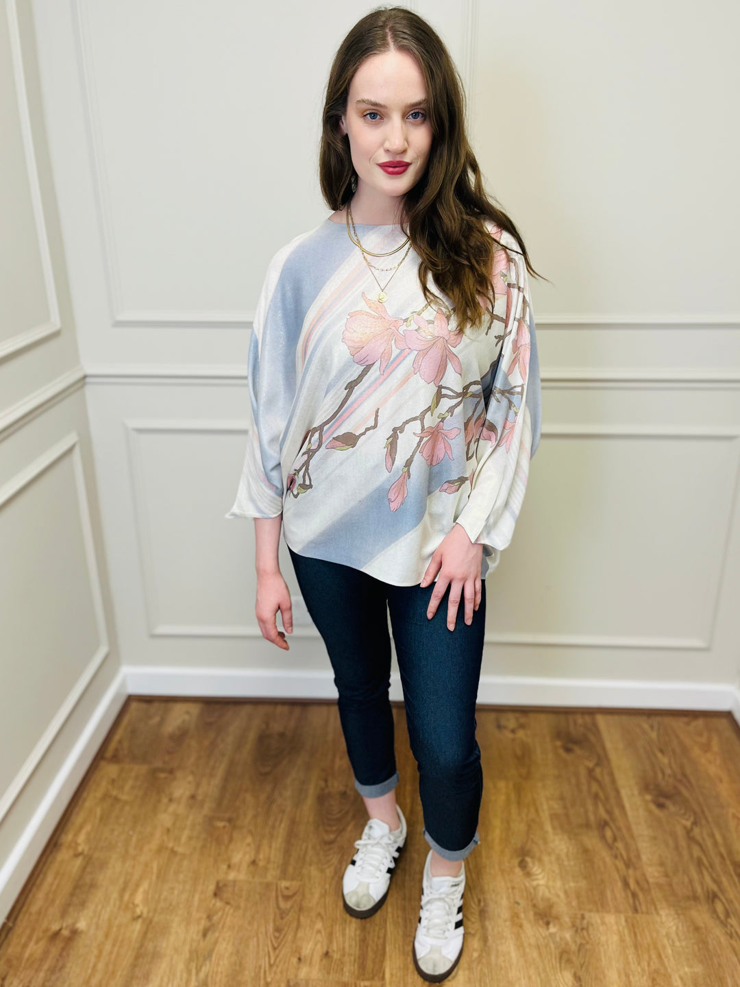 "SPRING" Floral Print Fine Knit-Cream & Blue