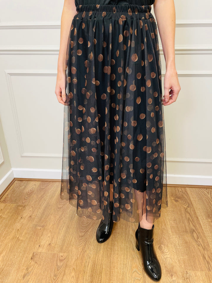 "IZZY" Polkadot Print Tulle Skirt-Black & Tan