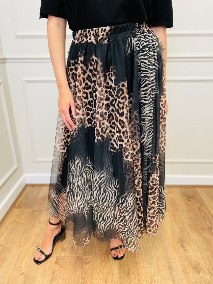 "IZZY" Animal Print Tulle Skirt-Black & Tan