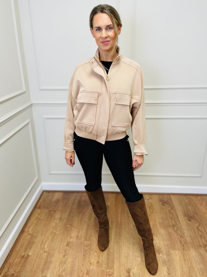 "REGINA" Zip Bomber Jacket-Beige