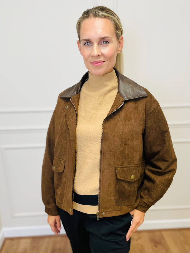 "NINA" Suede Bomber Jacket-Tan