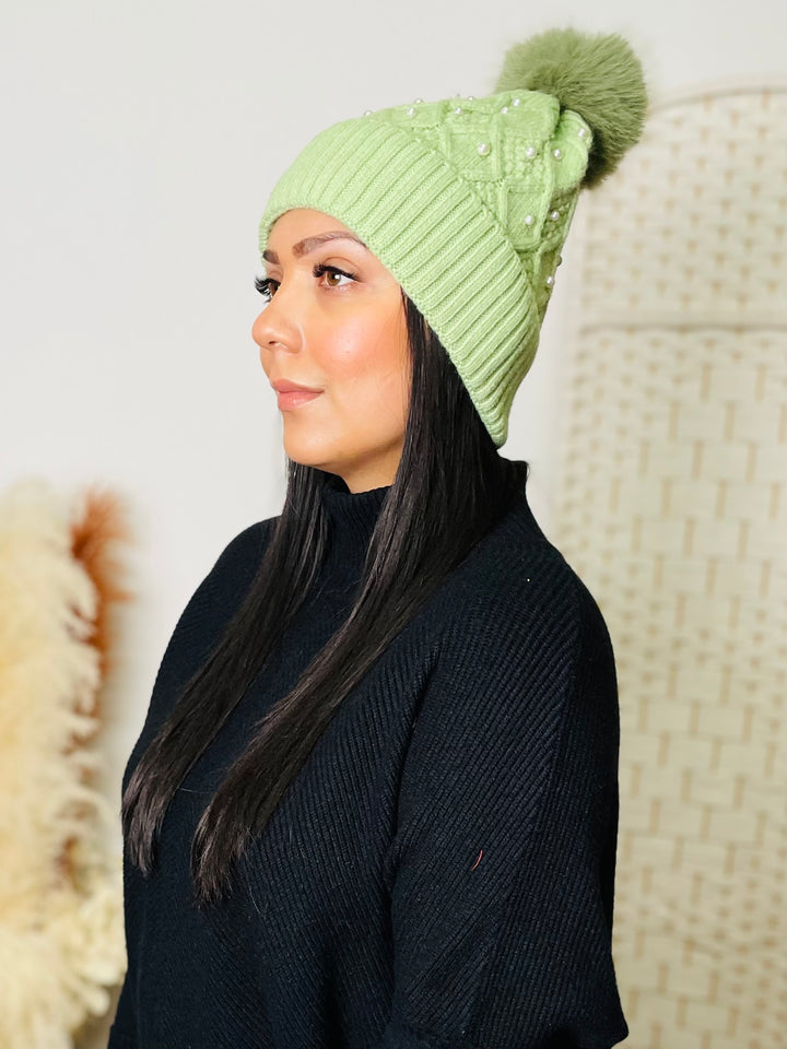 Pearl & Faux Fur Pom Hat-Green