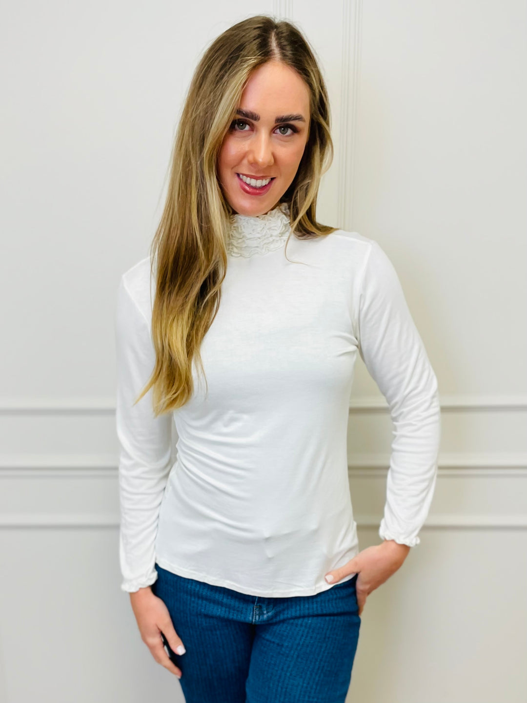 "LIVIA" Ruffle Polo Neck Top-White