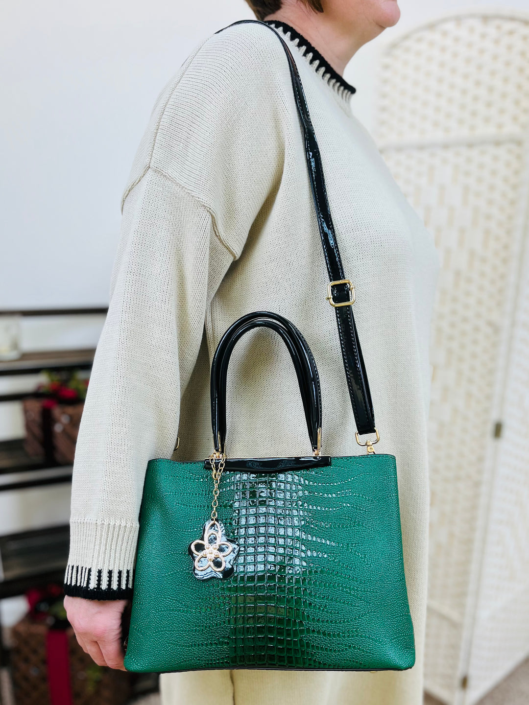 Croc Print Handbag-Green & Black