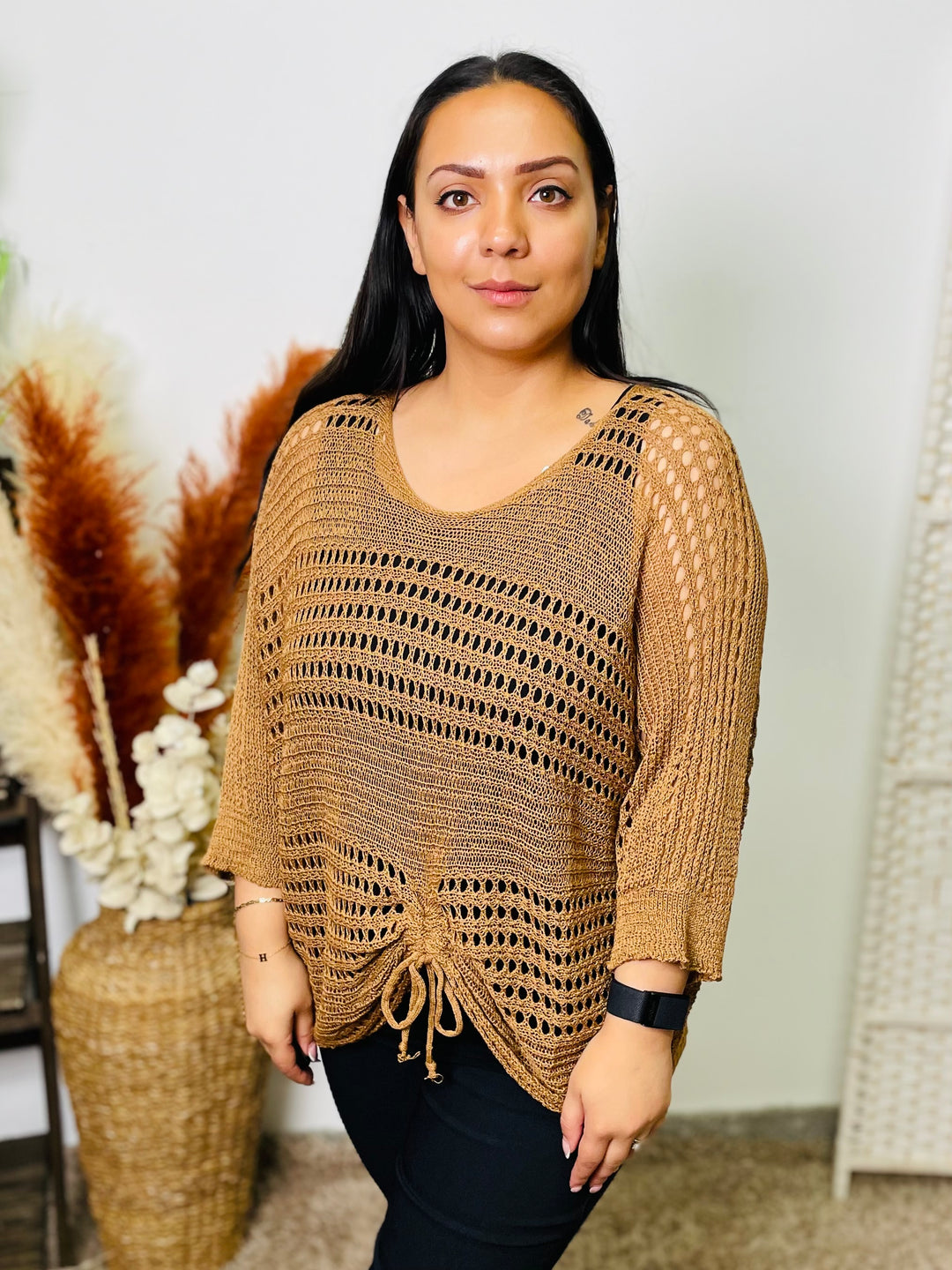 "ALLISON" Open Knit Top-Tan