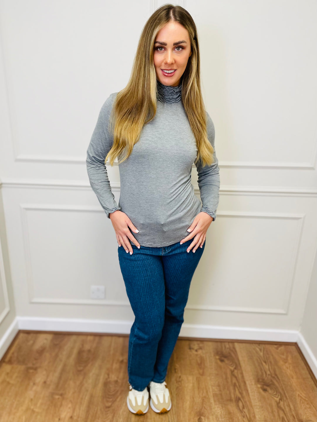 "LIVIA" Ruffle Polo Neck Top-Silver