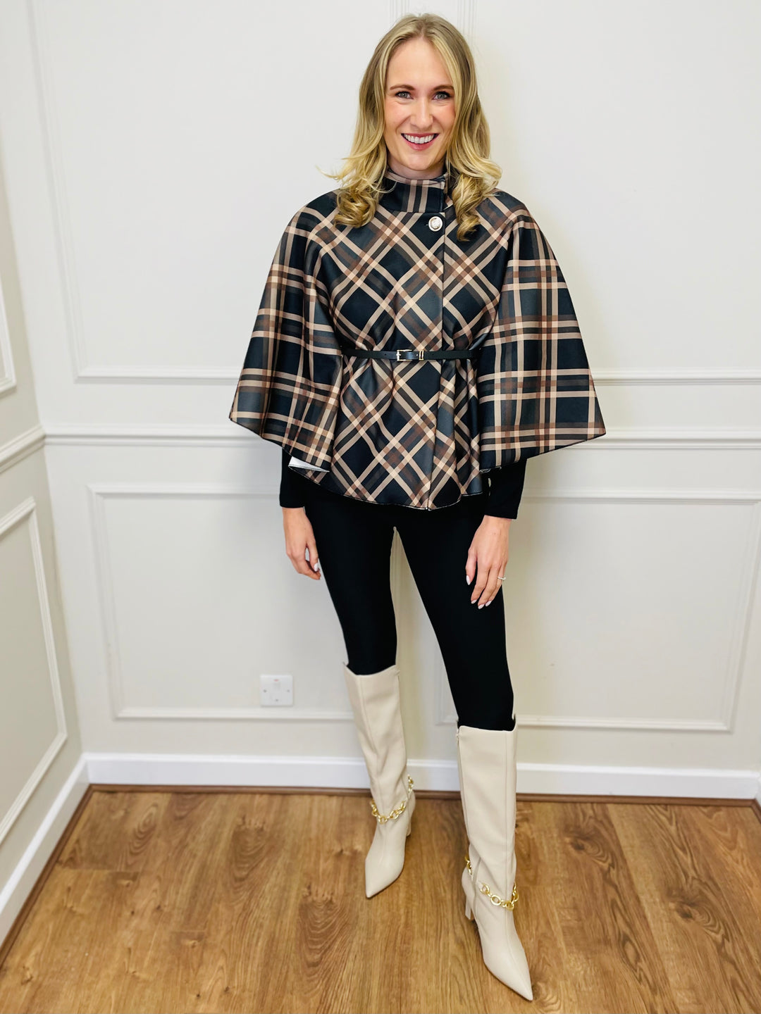 "LORELAI" Check Print Cape Coat-Black & Tan