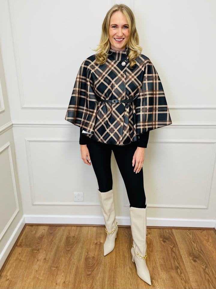 "LORELAI" Check Print Cape Coat-Black & Tan