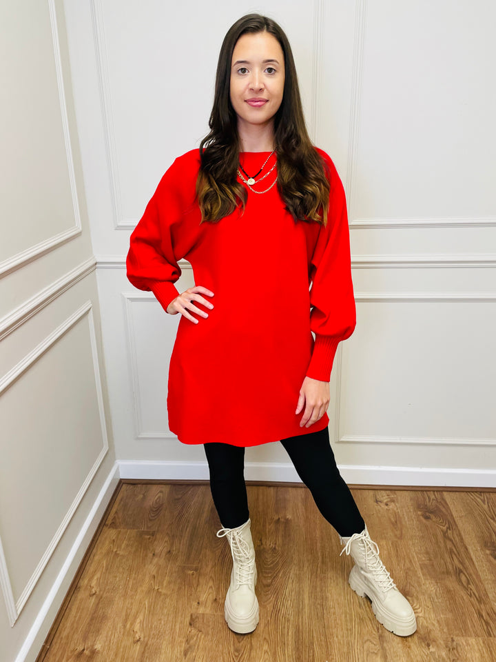 "EVELYN" Button Back Dress-Red