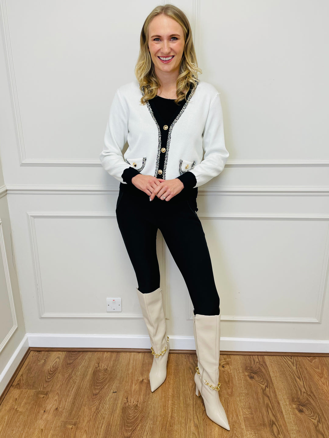 "ELENA" Two Tone Cardigan-White & Black