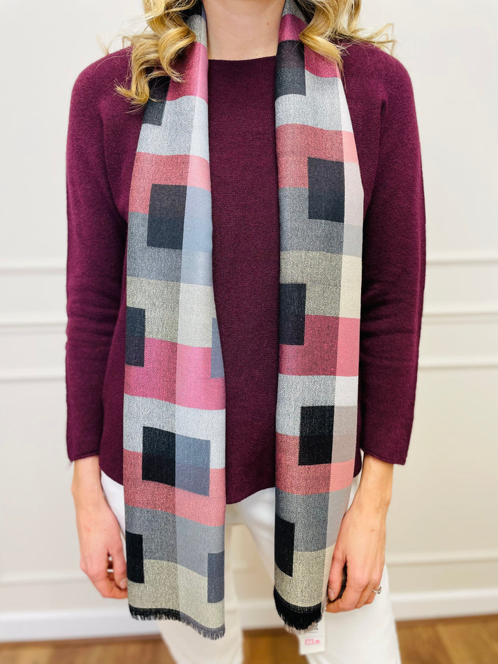 Block Print Scarf-Grey/Pink & Black