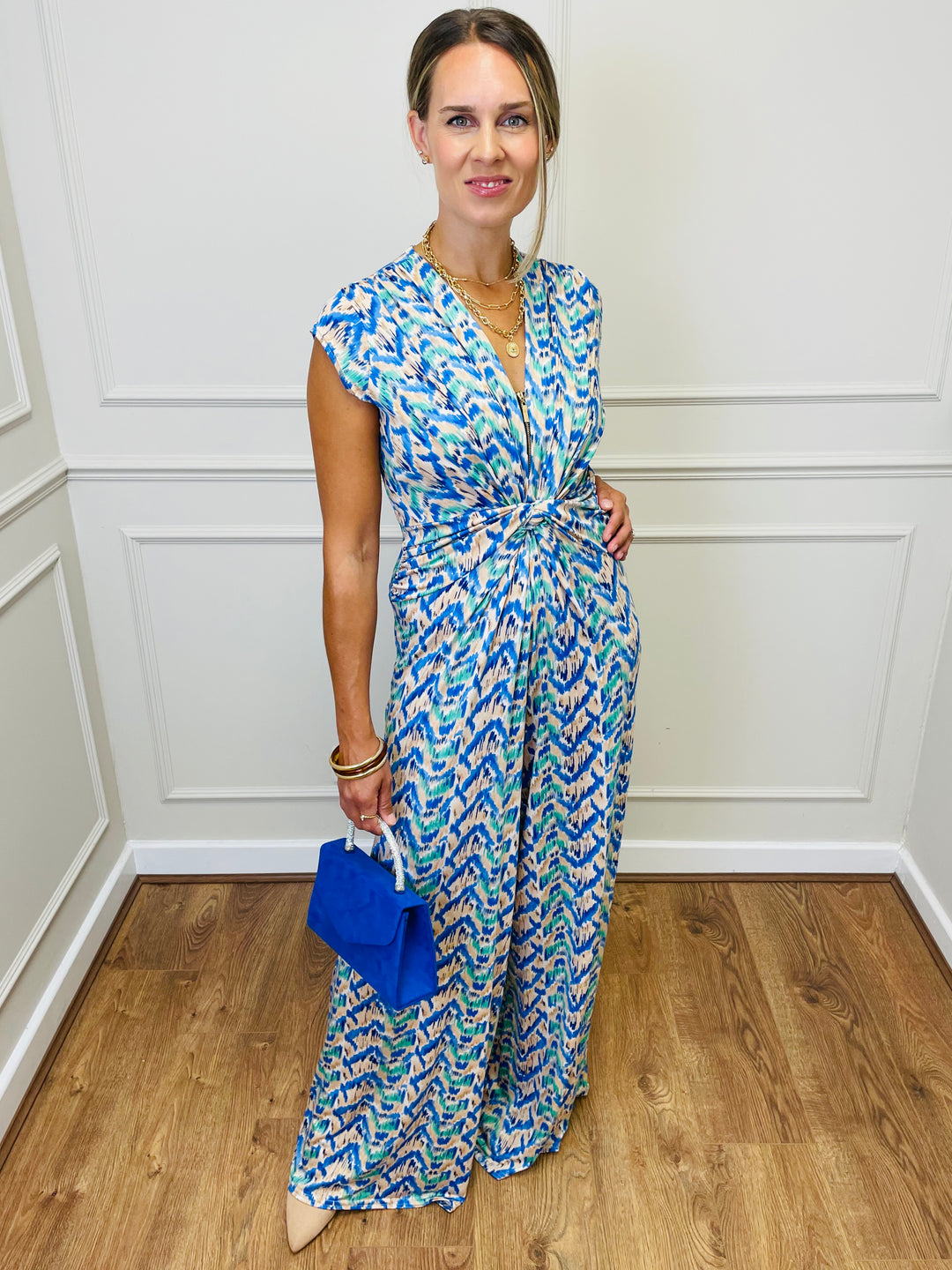 "CHLOE" Artistic Print Jumpsuit-White & Blue
