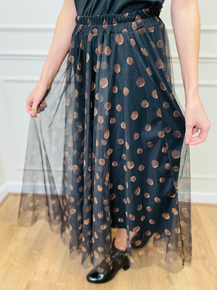"IZZY" Polkadot Print Tulle Skirt-Black & Tan