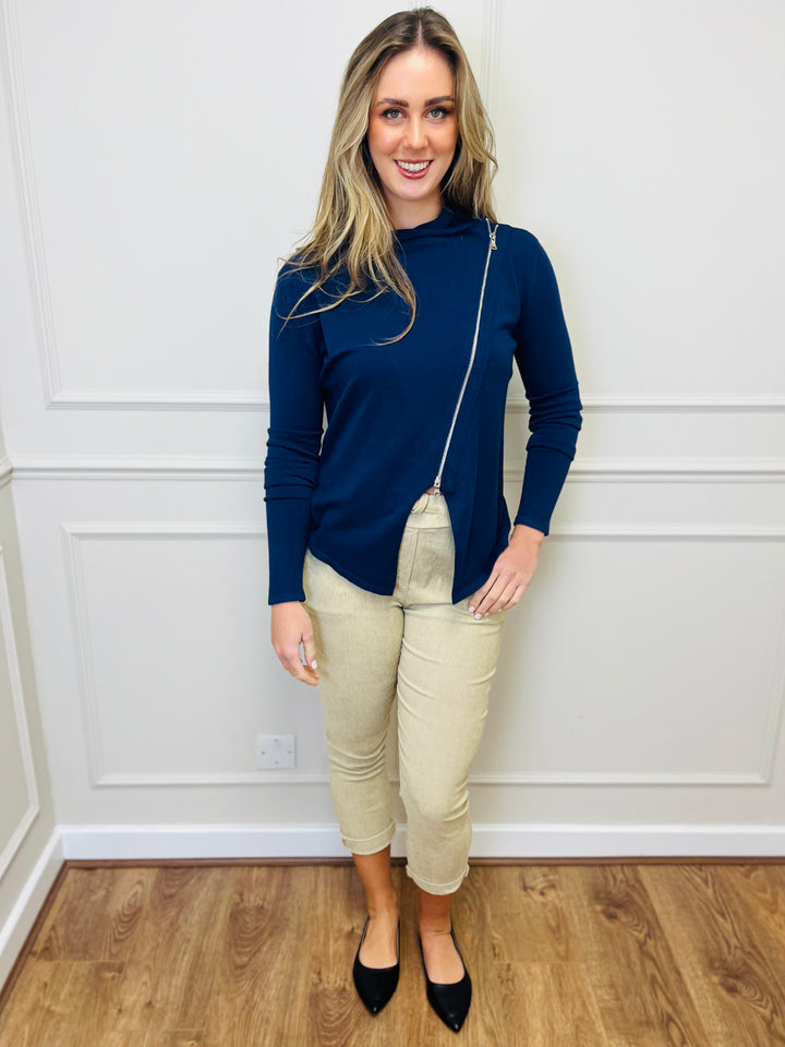 "HAYLEY" Short Biker Jacket-Navy