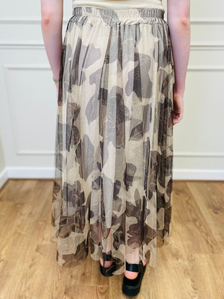 "IZZY" Floral Print Tulle Skirt-Cream & Black