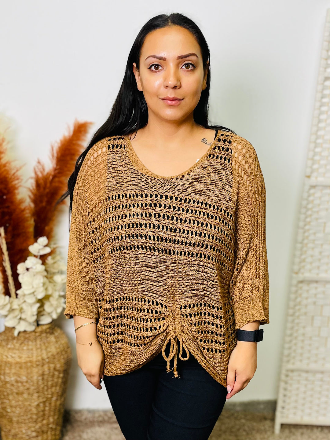 "ALLISON" Open Knit Top-Tan