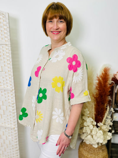 "DONNA” Floral Print Shirt-Stone & Multicolour