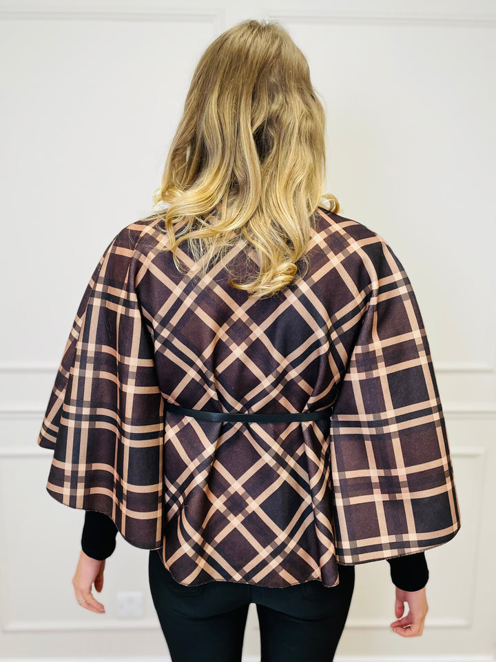"LORELAI" Check Print Cape Coat-Brown & Tan