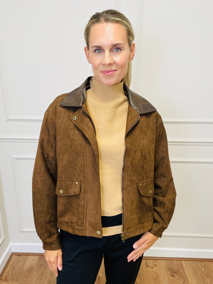 "NINA" Suede Bomber Jacket-Tan
