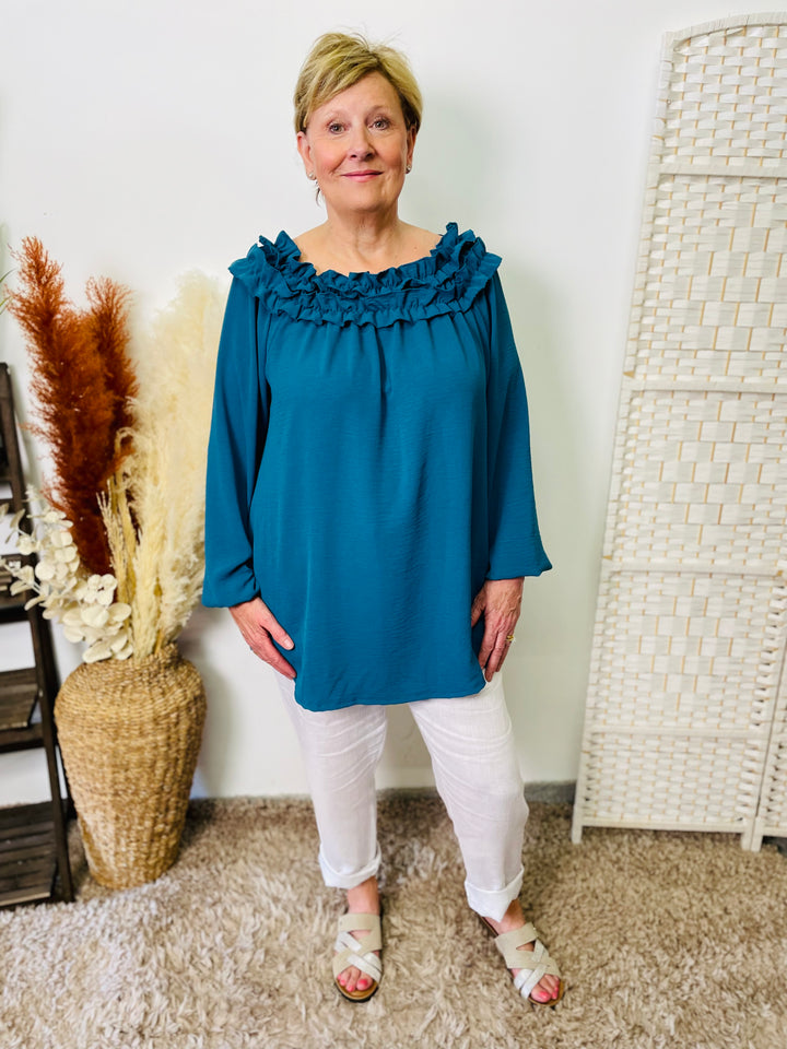 "LAYLA” Ruffle Blouse-Teal