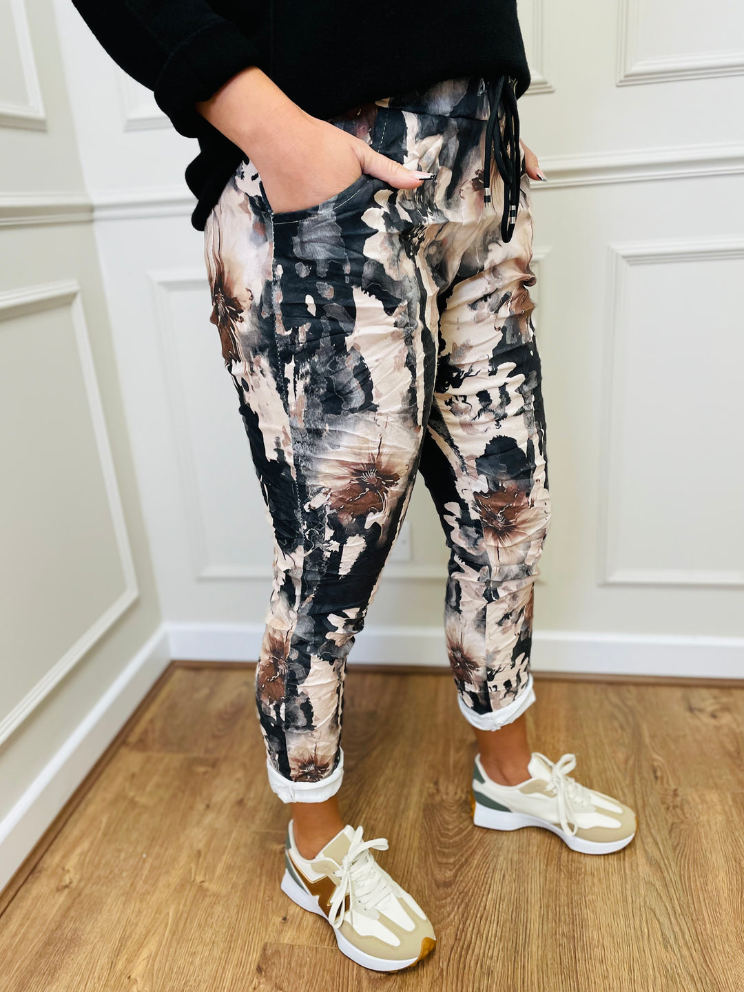 "CARMELA" Floral Print Trouser-Camel & Black