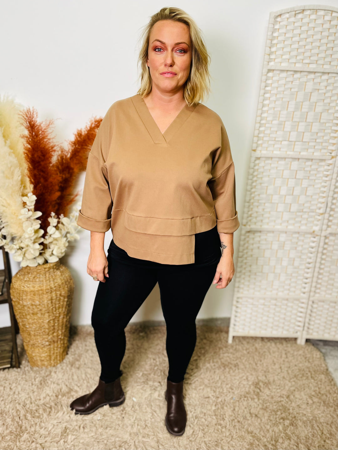 "ANDREA" Asymmetric Sweat Top-Tan